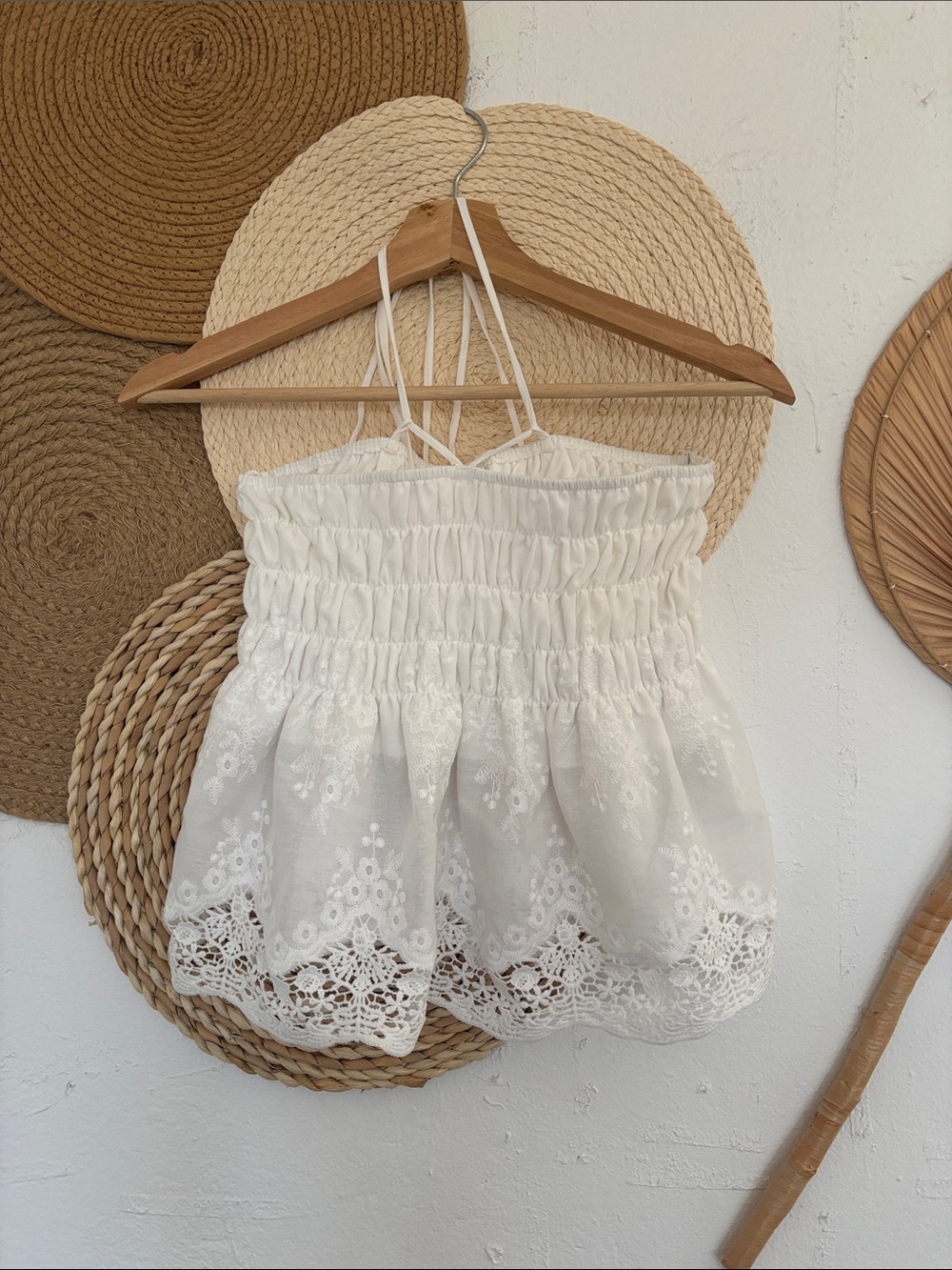 Smocked Strapless Eyelet Lace White Women's Top